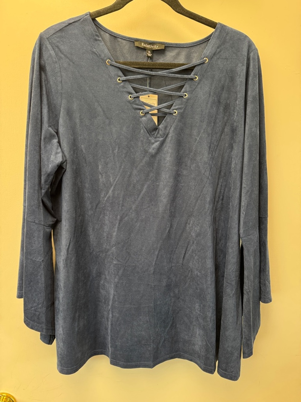 Relativity Dusty Blue Lace-Up V-Neck Long‎ Sleeve Top